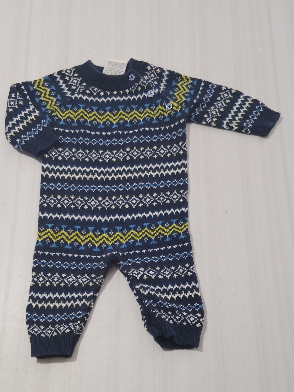 Cherokee Navy Fair Isle Knit One-Piece with Blue, White and Yellow Accents 6m